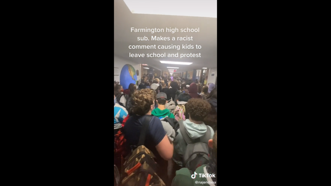 Videos show the aftermath of the substitute teacher using racist language towards a 16-year-old student.