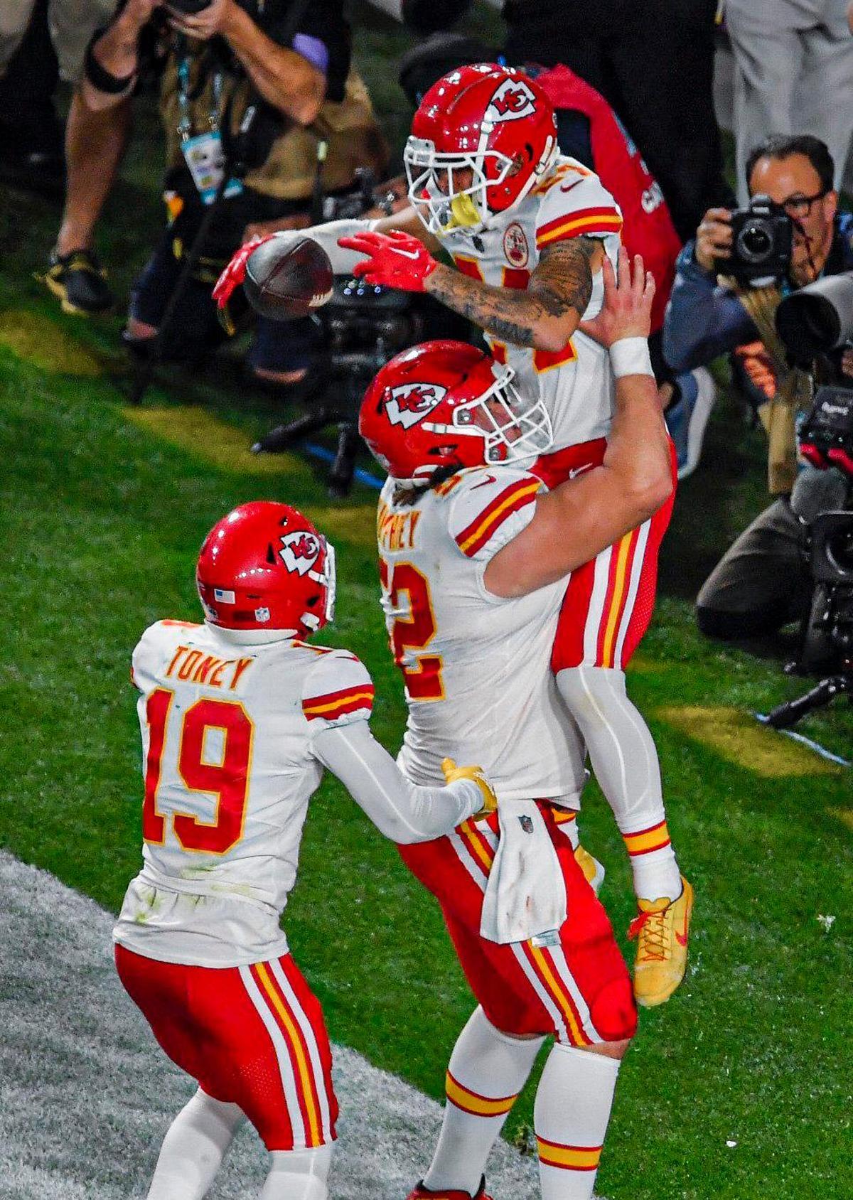 Kansas City Chiefs wide receiver Skyy Moore is hoisted in the air by Kansas City Chiefs center Creed Humphrey after Moore scored a touchdown in the fourth quarter during Super Bowl LVII Sunday, Feb. 12, 2023, in Glendale, Ariz.