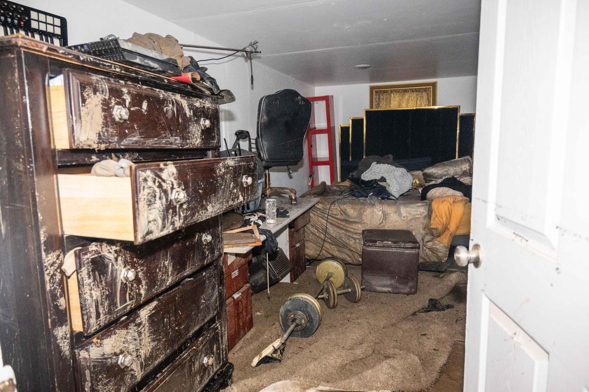 Flood damage inside Tamika Pledger’s home on Thursday, July 17, 2025. Pledger’s entire basement was flooded due to heavy rains, the overflow of a nearby neighbor’s pond, and an overflow of a creek in her backyard.