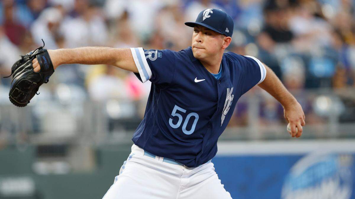 Kansas City Royals starting pitcher Kris Bubic delivers to a San Diego Padres batter during the first inning of baseball game in Kansas City, Mo., Friday, Aug. 26, 2022. (AP Photo/Colin E. Braley)