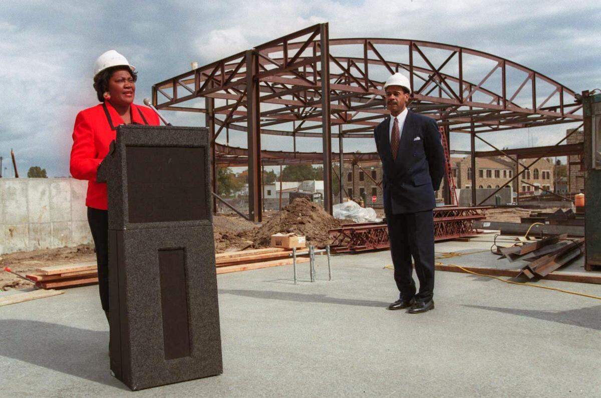 In this Oct. 18, 1996, file photo, the Negro Leagues Baseball Museum, then under construction near 18th and Vine streets, was a stop on a tour of the district for Mayor Emanuel Cleaver (right) and Mary Williams-Neal, 3rd District councilwoman.