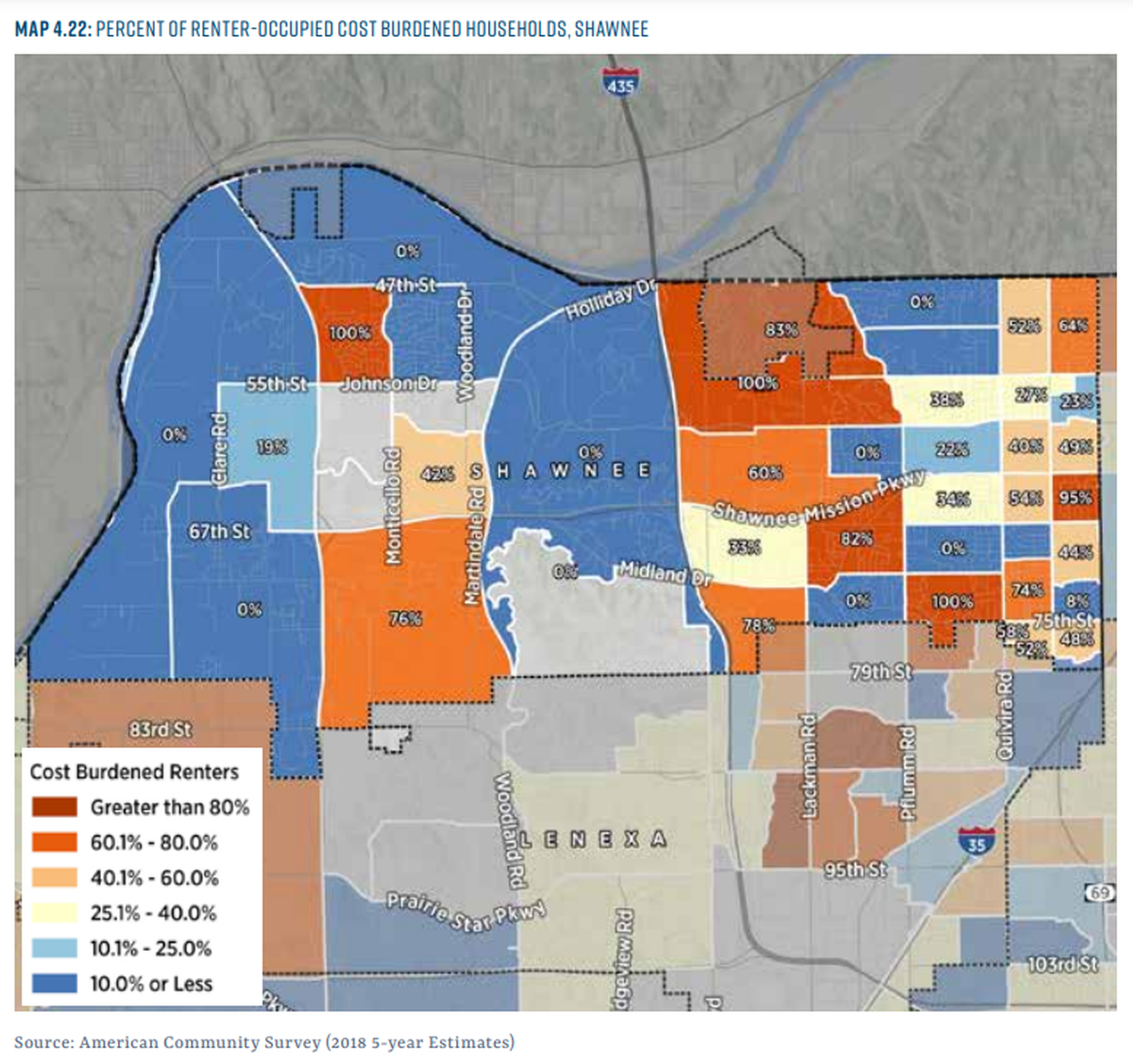 This map from the 2021 Johnson County Housing Study shows renters in Shawnee who pay more than 30% of their income toward rent.