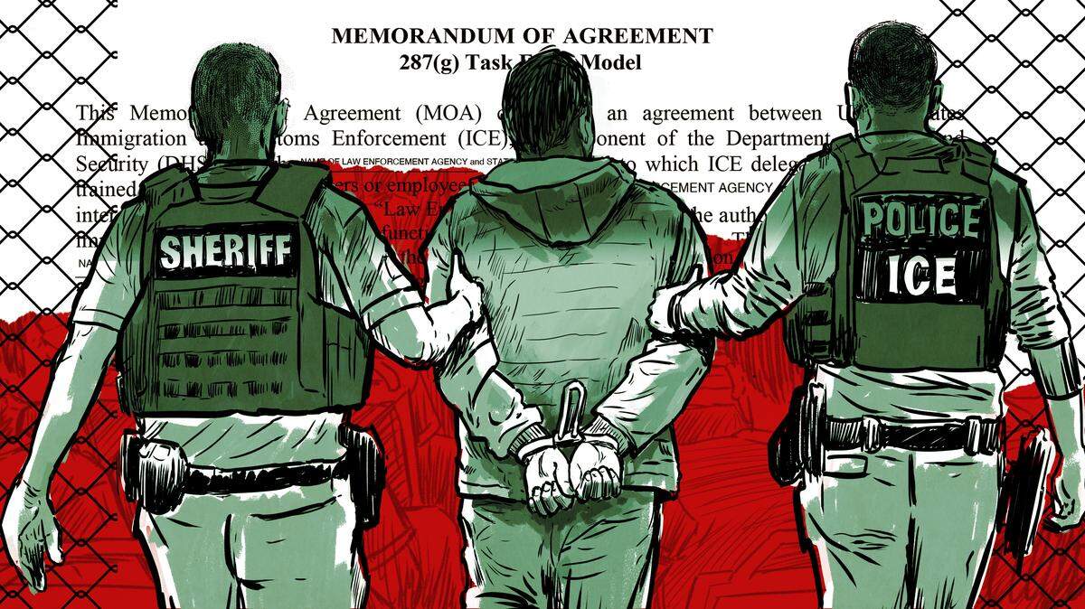 Illustration depicting two ICE officers escorting a handcuffed individual.