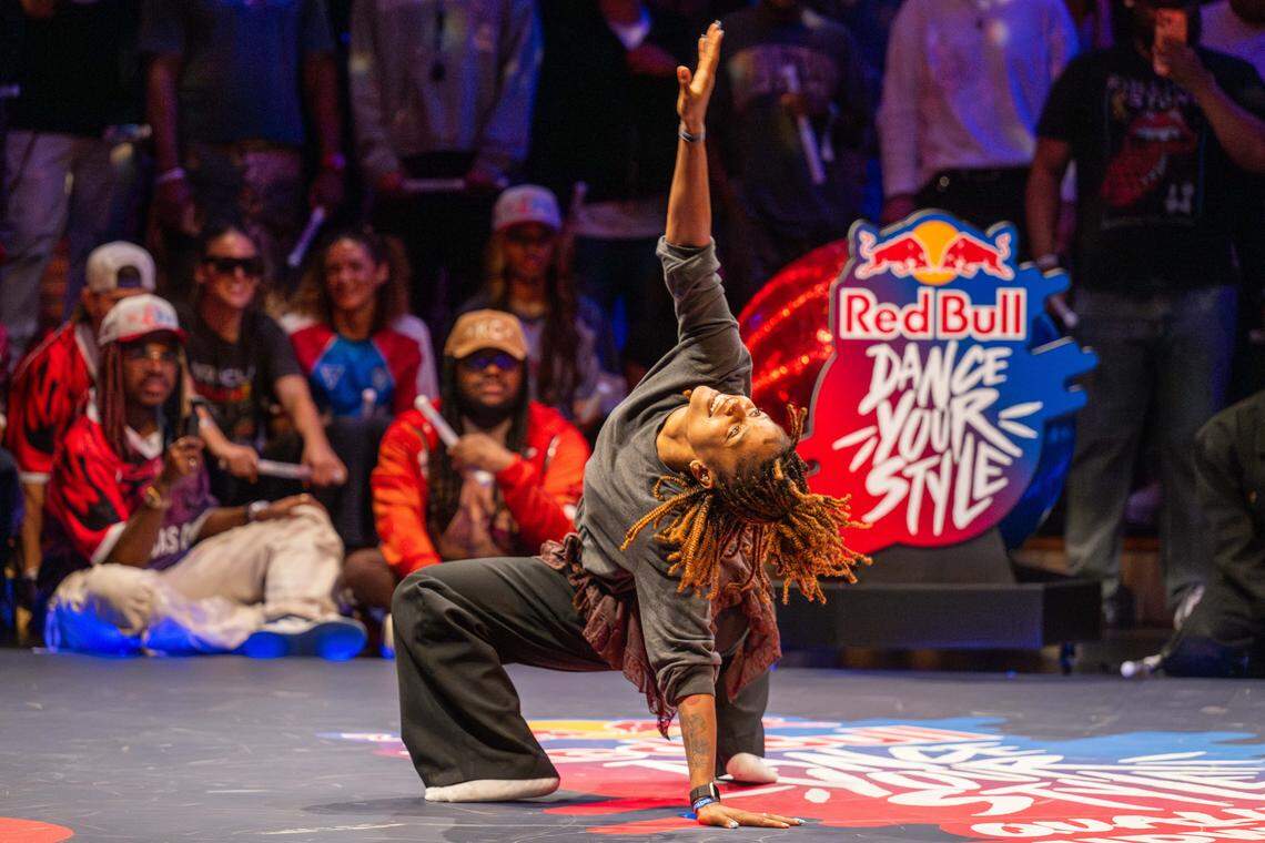 Gia does a backbend in the first round of the Red Bull Dance Your Style Midwest Regional Qualifier, on Saturday, April 25, 2026, at the Kauffman Center for the Performing Arts.