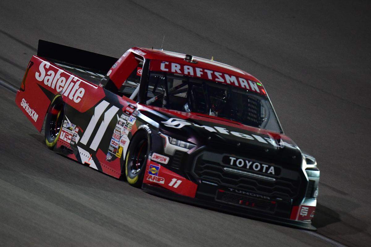 NASCAR Truck Series driver Corey Heim took the checkered flag in Saturday night’s race at Kansas Speedway.