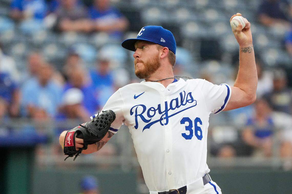 Royals starting pitcher Bailey Falter works against the Washington Nationals at Kauffman Stadium in Kansas City on Monday, Aug. 11, 2025.