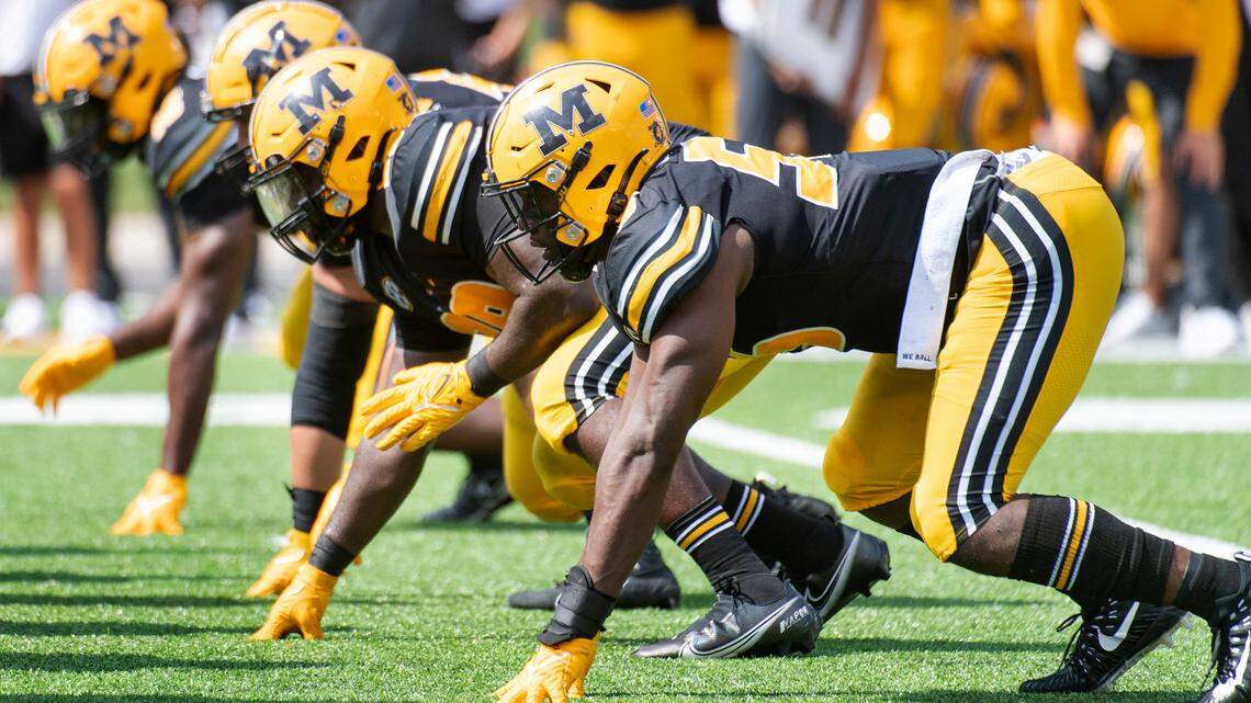 The Missouri defensive line prepares for the snap during the fourth quarter of an NCAA college football game against Southeast Missouri State Saturday, Sept. 18, 2021, in Columbia, Mo. Missouri won 59-28. (AP Photo/L.G. Patterson)
