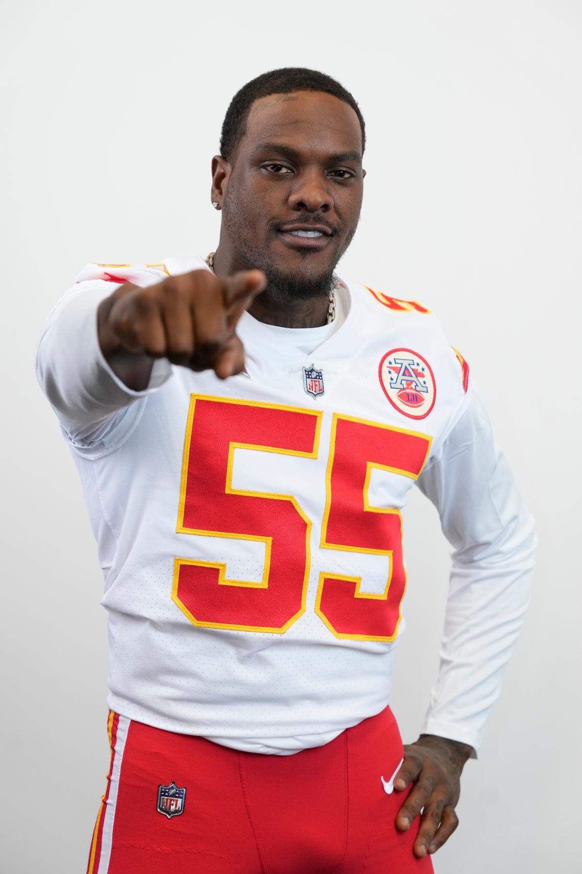 Kansas City Chiefs defensive end Frank Clark poses for a portrait at NFL football Super Bowl 57 opening night, Monday, Feb. 6, 2023, in Phoenix. The Kansas City Chiefs will play the Philadelphia Eagles on Sunday, Feb. 12.