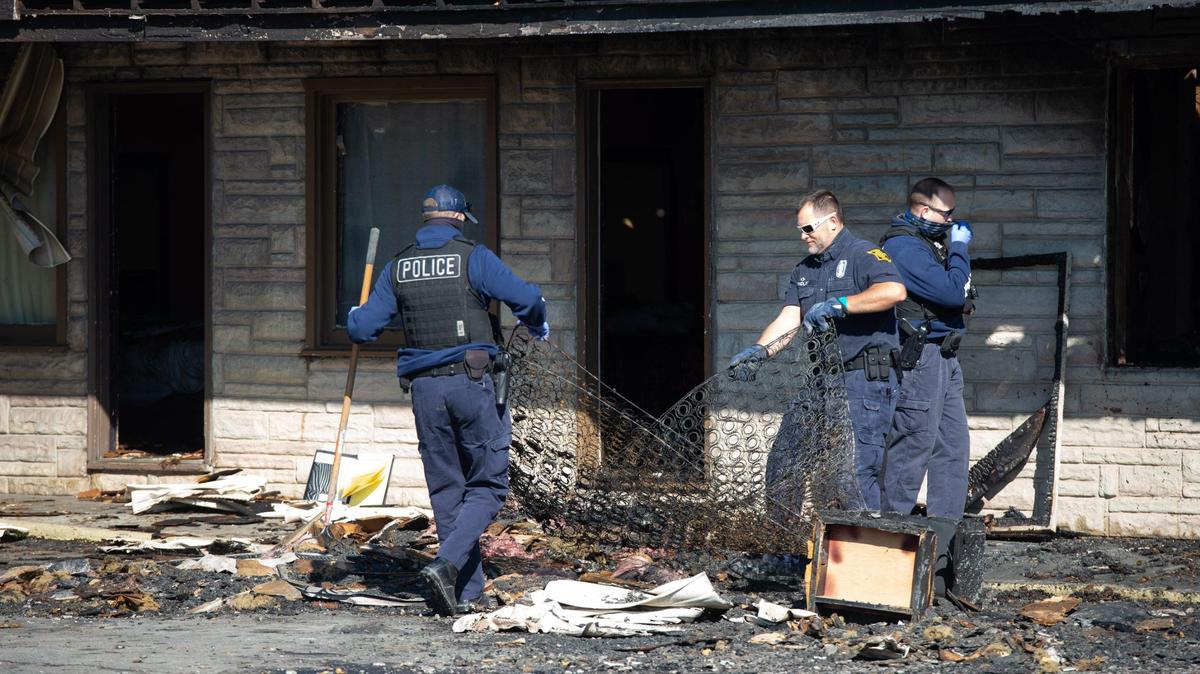 Agents and fire investigators with the Bureau of Alcohol, Tobacco, Firearms and Explosives and the Kansas City police and fire departments investigate a blaze that heavily damaged the Sky-Vu Motel Monday. Kansas City firefighters responded to the fire around 6:30 a.m. at the motel at 8300 E. U.S. 40 highway, which is just north of Interstates 70 and 435.