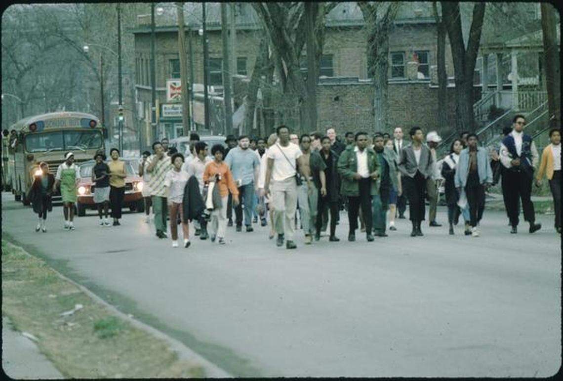 A small group marching down the street on April 9, 1968.
