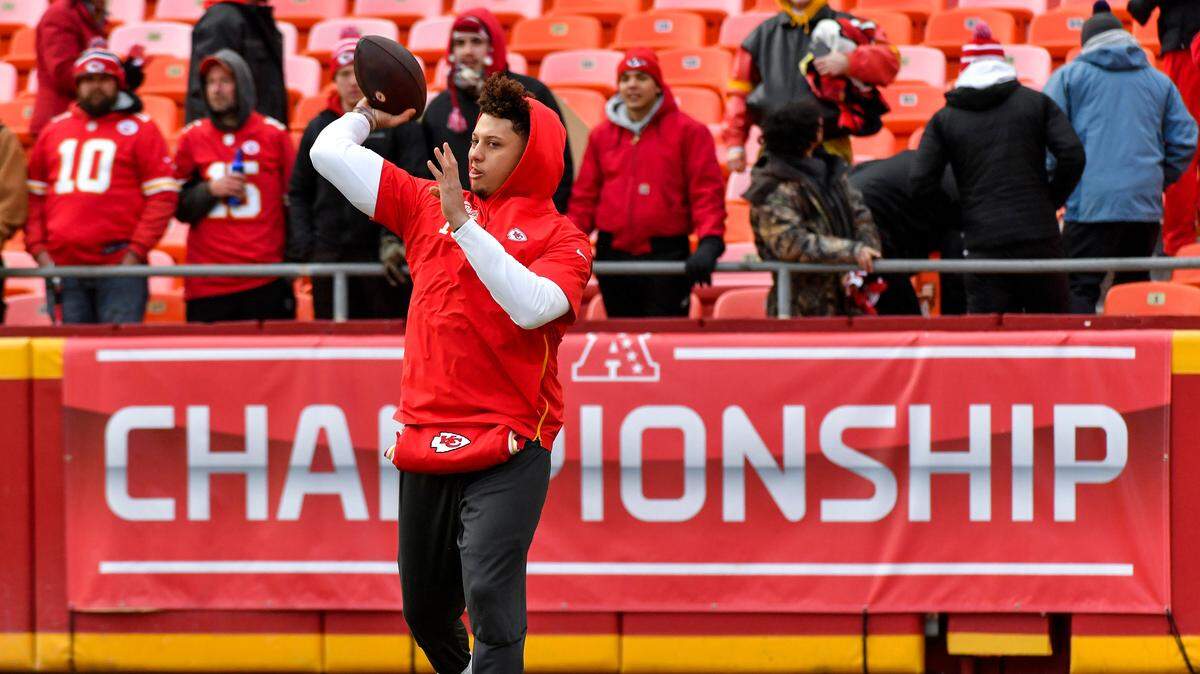 Kansas City Chiefs quarterback Patrick Mahomes warmed up on the field before Sunday’s AFC Championship Game on January 20, 2019 at Arrowhead Stadium in Kansas City, Mo.