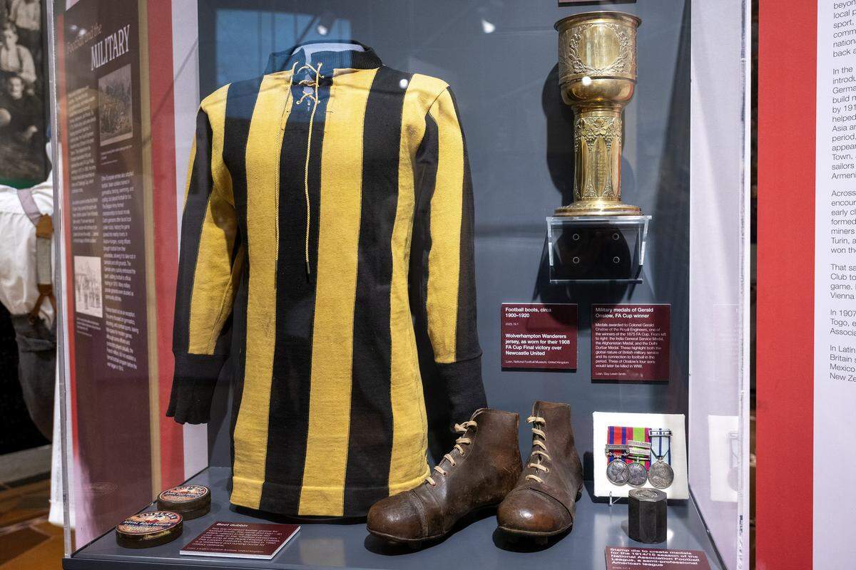 Artifacts from “The Beautiful Game,” a new exhibition highlighting the role of soccer during World War I, are displayed at the National WWI Museum and Memorial on Wednesday, April 1, 2026, in Kansas City.