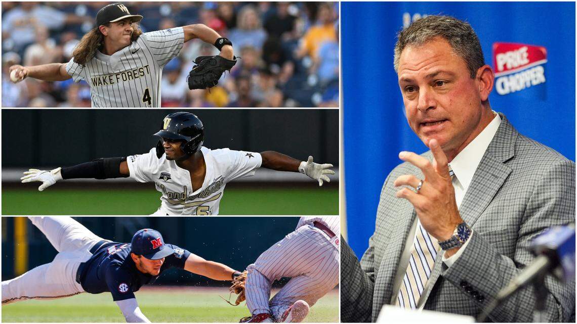 Royals general manager J.J. Picollo will have several interesting names to choose from with the No. 8 pick in the 2023 MLB Draft. That could include (top to bottom): Wake Forest’s Rhett Lowder, Vanderbilt’s Enrique Bradfield Jr. (via the Tennessean) and Ole Miss’ Jacob Gonzalez.