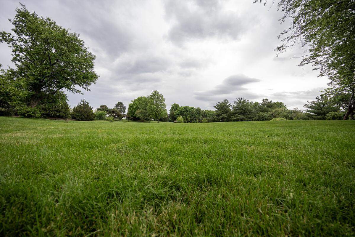 An empty field marks the former site of Bluejacket Pool at Bluejacket Park on Friday, May 8, 2026, in Overland Park.