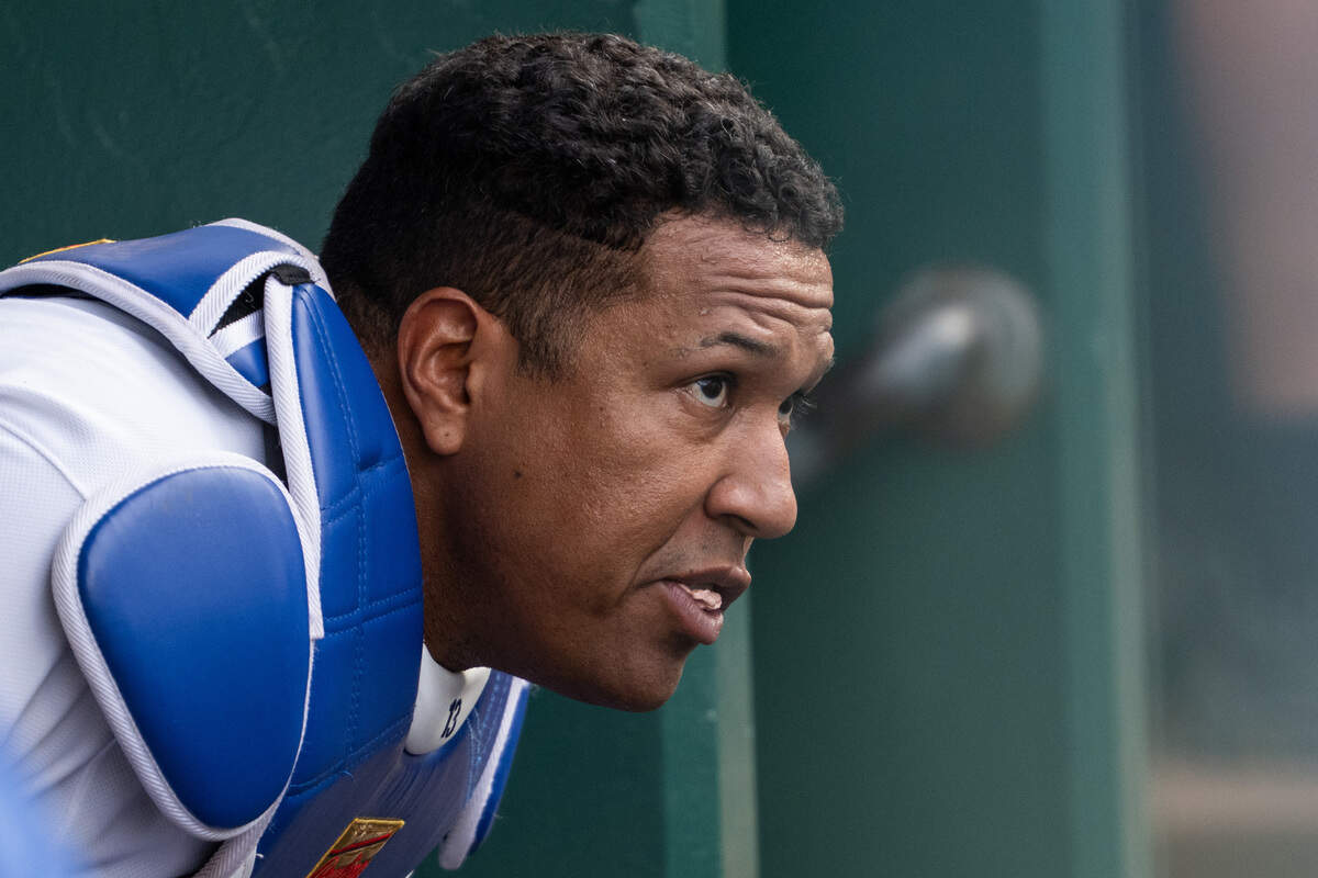 Royals catcher Salvador Perez watches from the dugout during KC’s 14-6 win against the St. Louis Cardinals at Kauffman Stadium in Kansas City on Thursday, June 18, 2026.