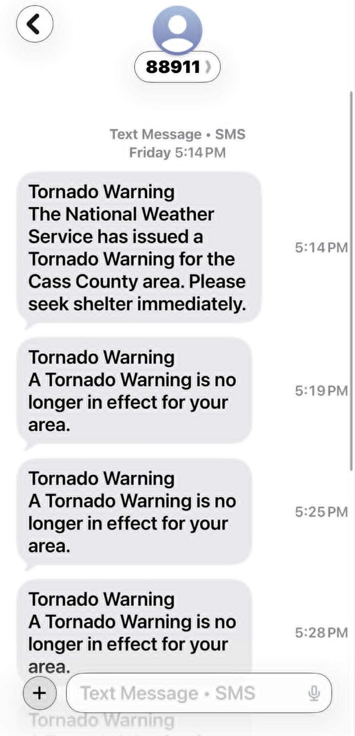 This screenshot, shared by Dawn Jarboe Thomas, shows communications from Everbridge emergency alerts on Friday, April 17. Thomas got the first inaccurate message at 5:19 p.m., when the tornado first touched down in Belton.