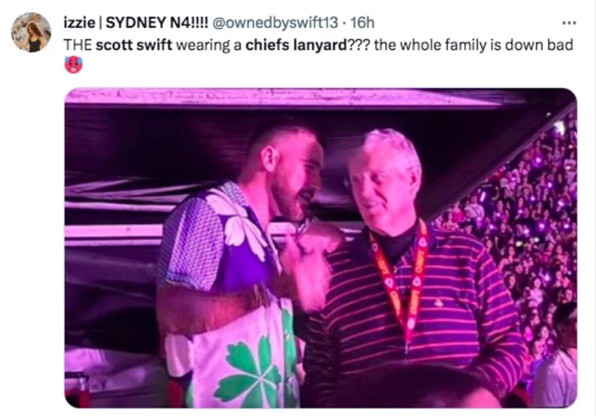 Taylor Swift’s father, Scott Swift, right, a Philadelphia Eagles fan, wore a red Kansas City Chiefs lanyard as he watched her Buenos Aires show Saturday night with her new boyfriend, Chiefs’ star Travis Kelce.