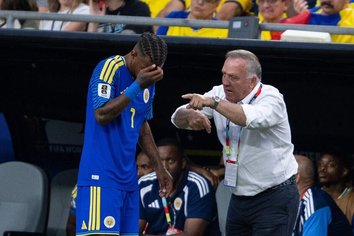 Curaçao manager Dick Advocaat coaches his team in a FIFA World Cup group-stage soccer match at Kansas City (Arrowhead) Stadium in Kansas City on Saturday, June 20, 2026.