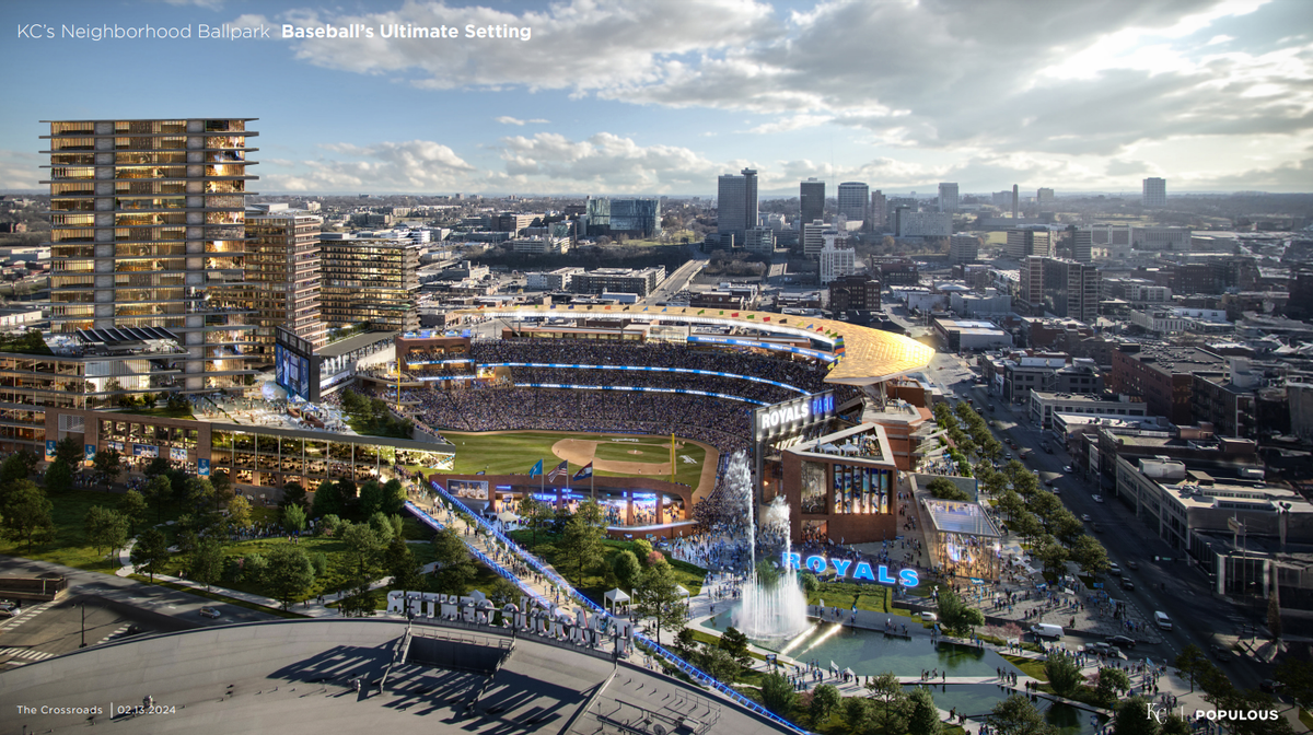 A rendering created by Populous for the Kansas City Royals shows a proposed five-acre park over the I-670 highway trench between Grand Blvd. to the west and Locust Street to the east. The Royals plan to construct the pedestrian footbridge in the foreground, but do not intend to build the park space it crosses over.
