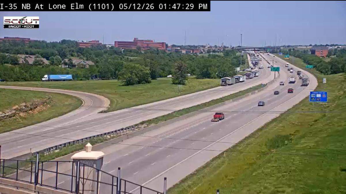 A KC Scout camera shows stalled traffic at I-35 and Lone Elm Road in Olathe after a fatal crash Tuesday.