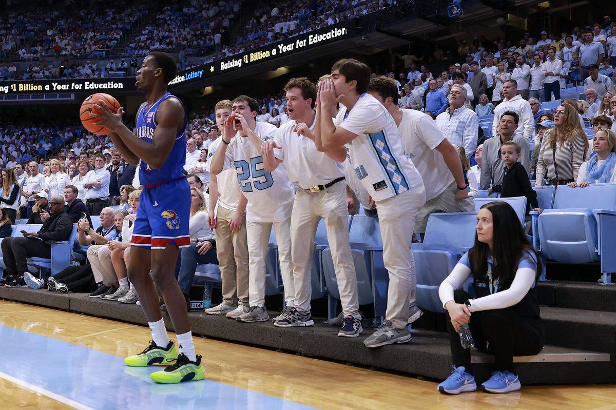 North Carolina Tar Heels fans give Kansas Jayhawks guard Melvin Council Jr. an earful during a men’s college basketball game at the Dean E. Smith Center in Chapel Hill, N.C., on Friday, Nov. 7, 2025.