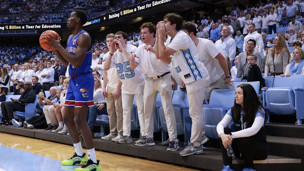 North Carolina Tar Heels fans give Kansas Jayhawks guard Melvin Council Jr. an earful during a men’s college basketball game at the Dean E. Smith Center in Chapel Hill, N.C., on Friday, Nov. 7, 2025.