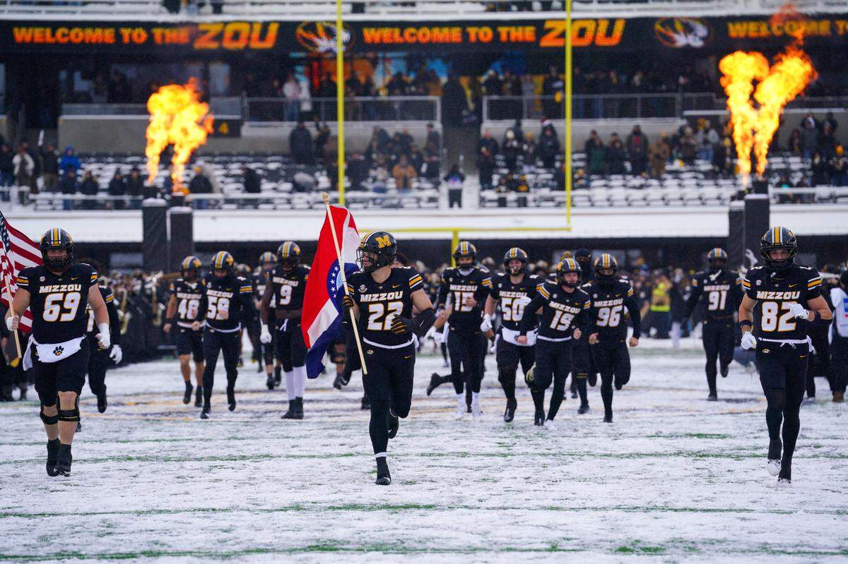 The Missouri Tigers get ready to play the Arkansas Razorbacks in both teams’ regular-season college football finale at Faurot Field at Memorial Stadium in Columbia on Saturday, Nov 30, 2024.