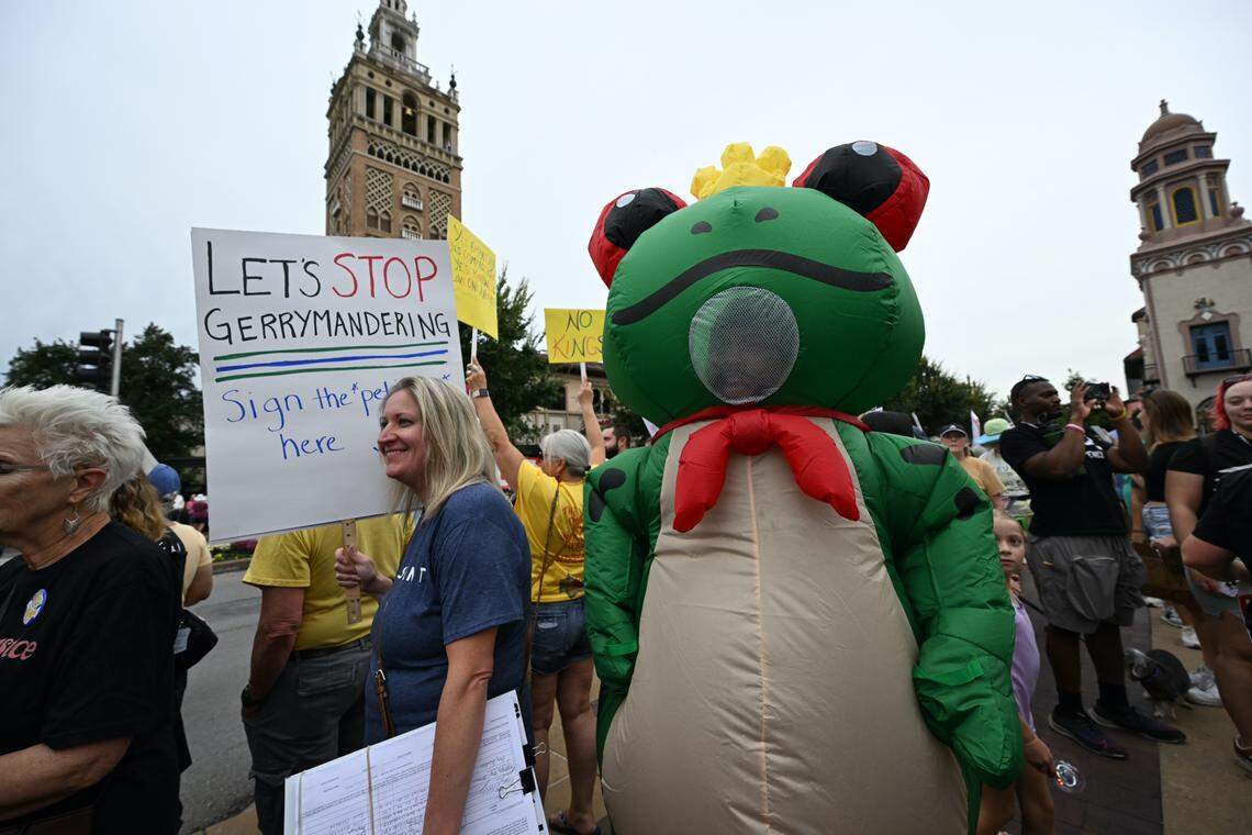 Demonstrators rallied in October 2025 at Mill Creek Park in Kansas City as part of nationwide “No Kings” protests against the Trump administration.