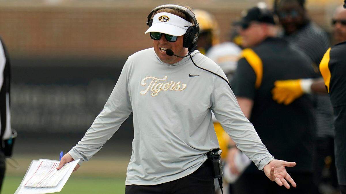 Missouri Tigers football coach Eliah Drinkwitz looks for an explanation of a call during Sunday’s game against Abilene Christian in Columbia, Mo. (AP Photo/Jeff Roberson)