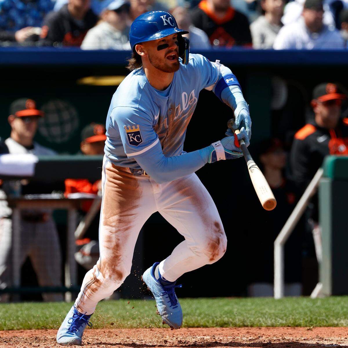 Shortstop Bobby Witt Jr. was spraying hits in the Royals’ Sunday, April 6, 2025, Major League Baseball game against the Baltimore Orioles at Kauffman Stadium in Kansas City.