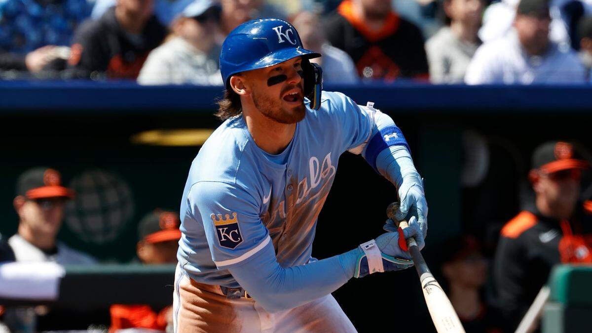 Shortstop Bobby Witt Jr. was spraying hits in the Royals’ Sunday, April 6, 2025, Major League Baseball game against the Baltimore Orioles at Kauffman Stadium in Kansas City.