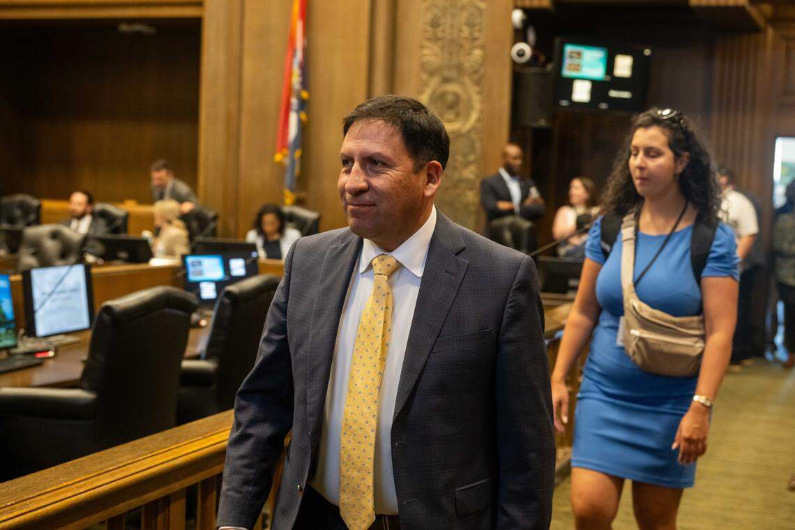 City Manager Mario Vasquez attends a City Council meeting ahead of a vote on the potential relocation of the Kansas City Royals baseball stadium to the downtown area, on Thursday, April 16, 2026.