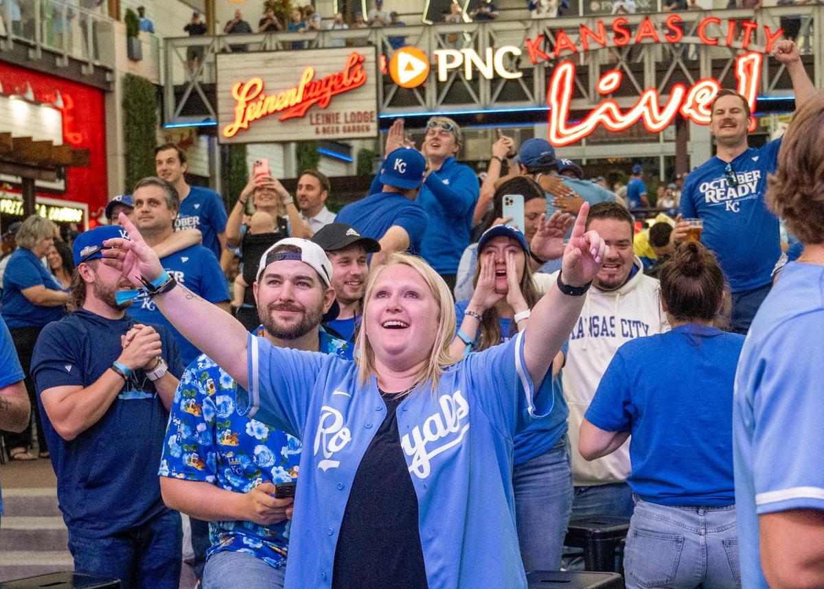 Royals fans celebrate at the Kansas City Power & Light District as the Royals defeated the Baltimore Orioles, 2-1, to win the Wild Card series in Balitmore on Wednesday, Oct. 2, 2024. The Royals advance to the ALDS, where they will face the Yankees in New York on Saturday.