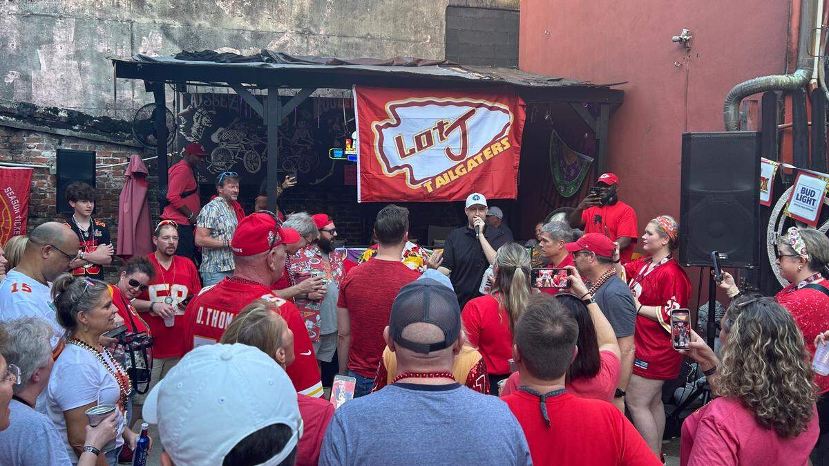 The crowd at B Mac’s, a French Quarter bar, parties Saturday afternoon ahead of the Chiefs’ Super Bowl appearance.