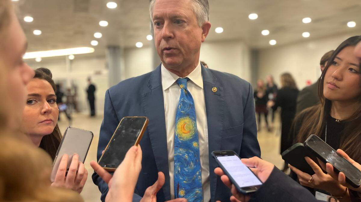Kansas Sen. Roger Marshall speaks to reporters in the basement of the U.S. Capitol on February 29, 2024.