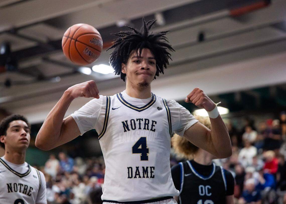 Notre Dame High School (CA) forward Tyran Stokes (4) flexes as he celebrates a shot against Sandra Day O’Connor (AZ) during the Hoophall West High School Invitational at Highland High School on Jan. 4, 2025.