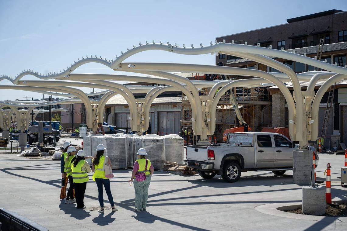 Canopy structures are seen during a preview tour of the Clock Tower Landing and new Overland Park Farmers Market pavilion on Tuesday, April 21, 2026. The structures will be covered in a special fabric to provide shade for patrons. 