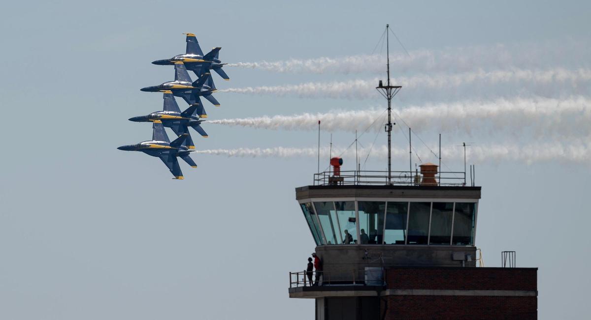 The U.S. Navy Blue Angels fly during the Garmin KC Air Show on Saturday, Aug. 19, 2023, in New Century.