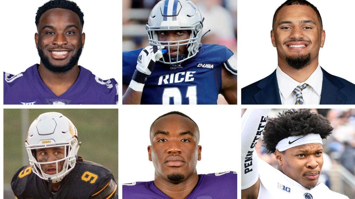 Kansas City-area products who could be drafted in KC during the April 27-29 NFL Draft include, clockwise from top left: Felix Anudike-Uzomah, Ikenna Enechukwu, Ronnie Bell, Mitchell Tinsley, Adetomiwa Adebawore and Kobe Cummings.