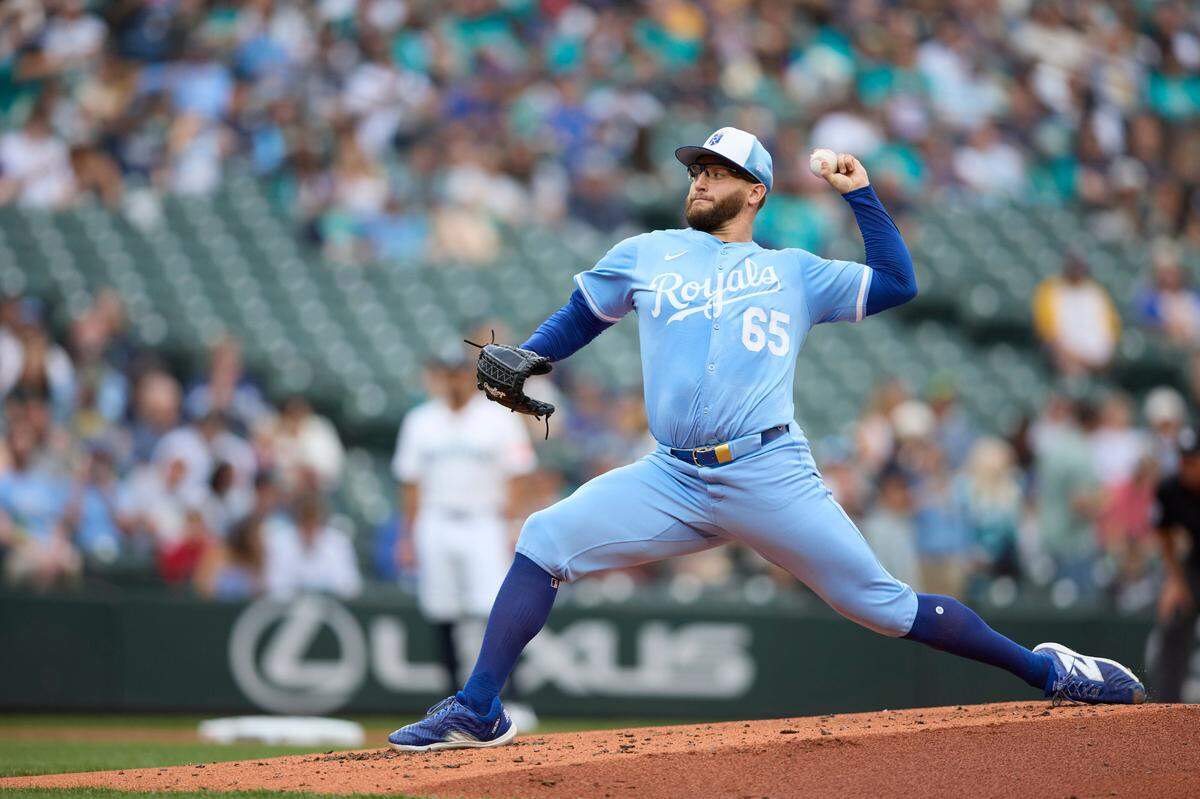 Kansas City Royals starting pitcher Noah Cameron throws against the Mariners at T-Mobile Park in Seattle on Wednesday, July 2, 2025.
