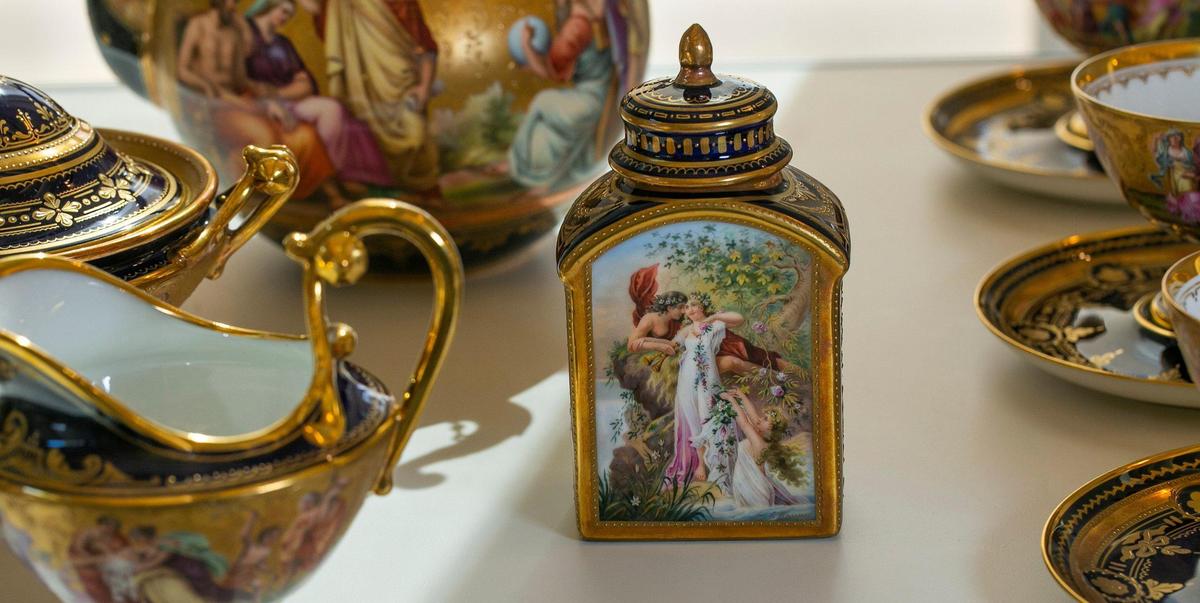 Pieces of the Long family’s tea set are on display at the Kansas City Museum’s Corinthian Hall. It will reopen Oct. 21 with renovations and new exhibits.