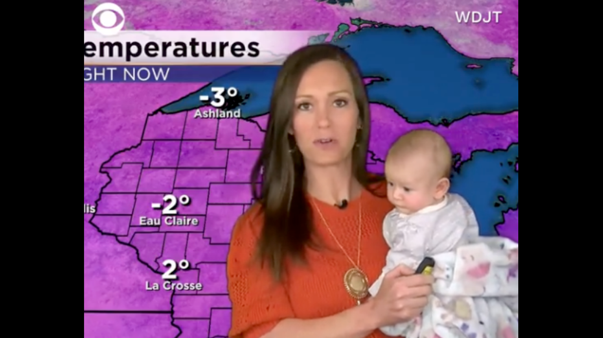 Rebecca Schuld, a meteorologist with CBS 58 in Milwaukee, reported the forecast recently while holding her baby.