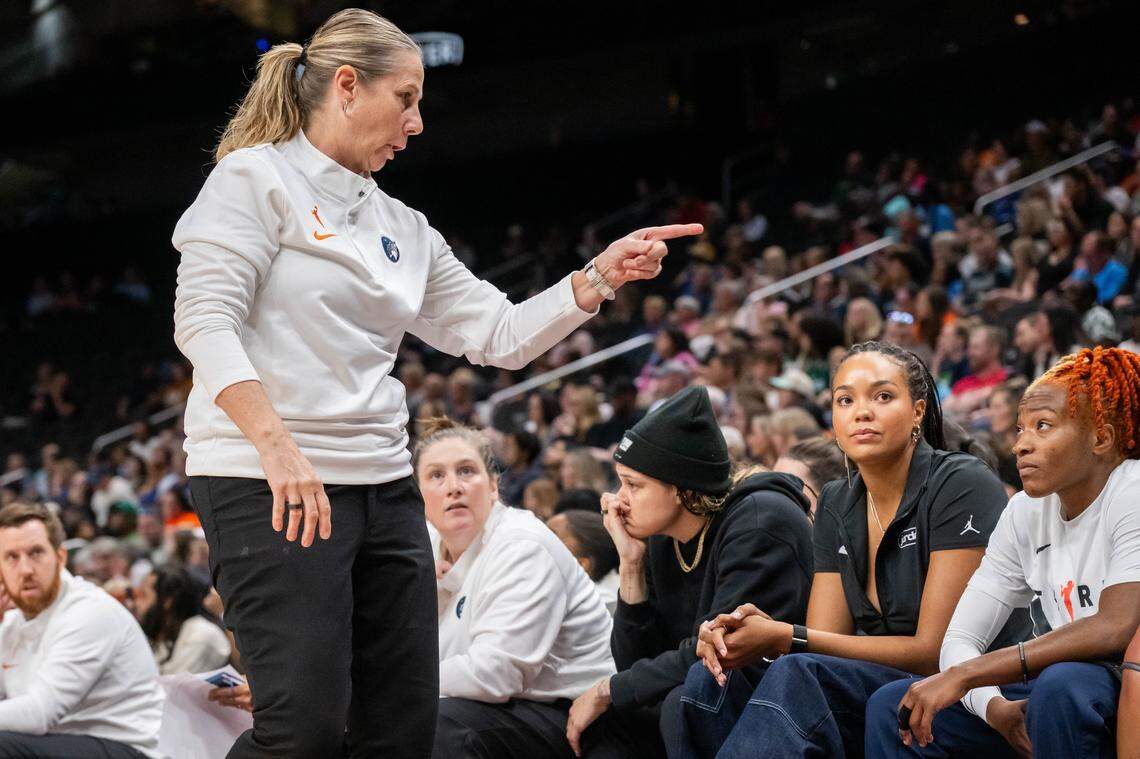 Minnesota Lynx head coach Cheryl Reeve calls for a substitution in the first half of a WNBA preseason game on Monday, April 27, 2026, at T-Mobile Center.