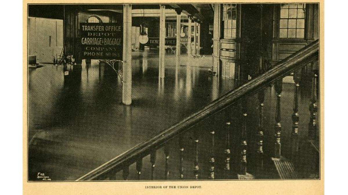 The high-water mark in Union Depot’s waiting room reached 6 feet 7 inches after a flood in 1903.