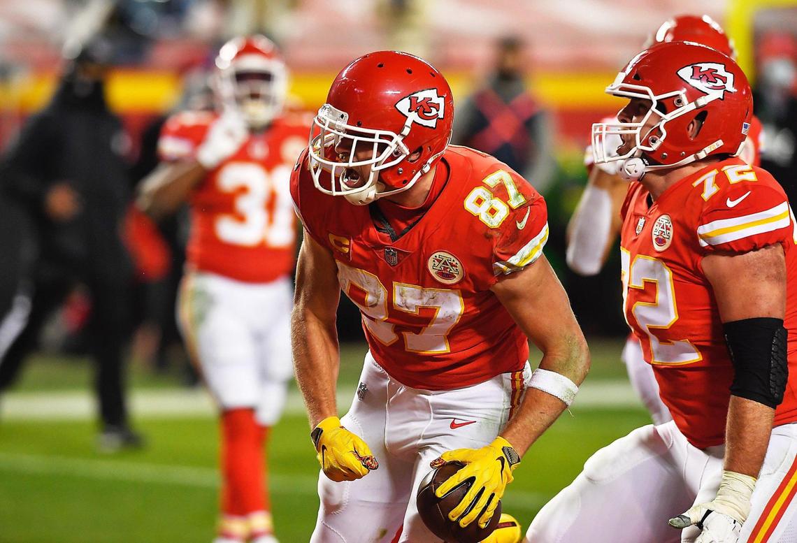 Kansas City Chiefs tight end Travis Kelce celebrates after making a touchdown in the third quarter Sunday, January 24, 2021, during the AFC Championship Game at Arrowhead Stadium in Kansas City, Missouri.