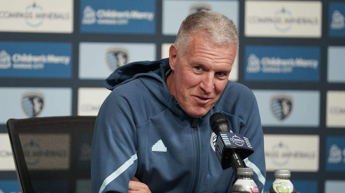 Sporting KC manager Peter Vermes speaks during media day at Children’s Mercy Park on Feb. 27, 2024.