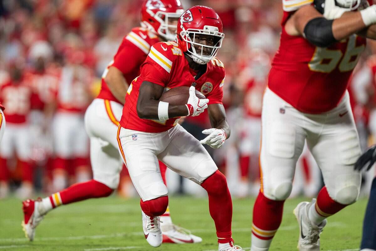 Kansas City Chiefs running back Brashard Smith (24) runs the ball in the second half of the Chiefs preseason game vs. the Seattle Seahawks, on Friday, August 28, 2026, at Arrowhead Stadium.