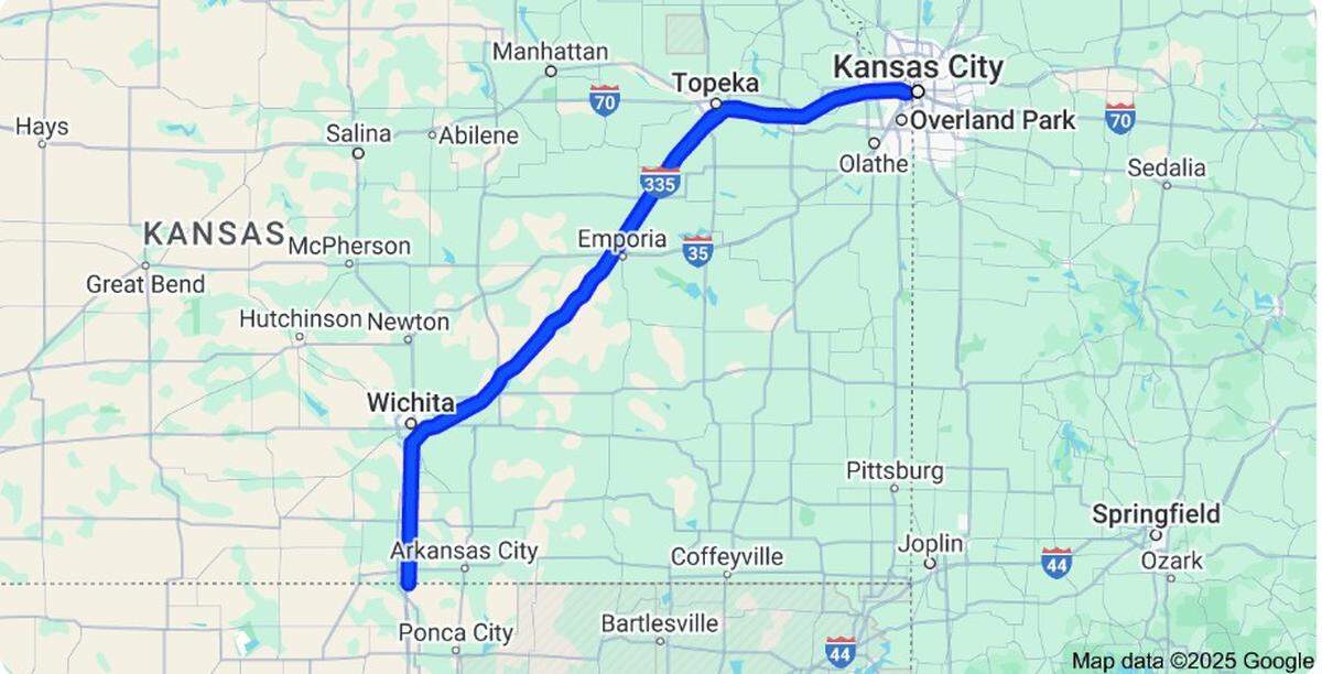 Route of the Kansas Turnpike from Oklahoma to Kansas City. Although a toll road, the turnpike went cashless in 2024.