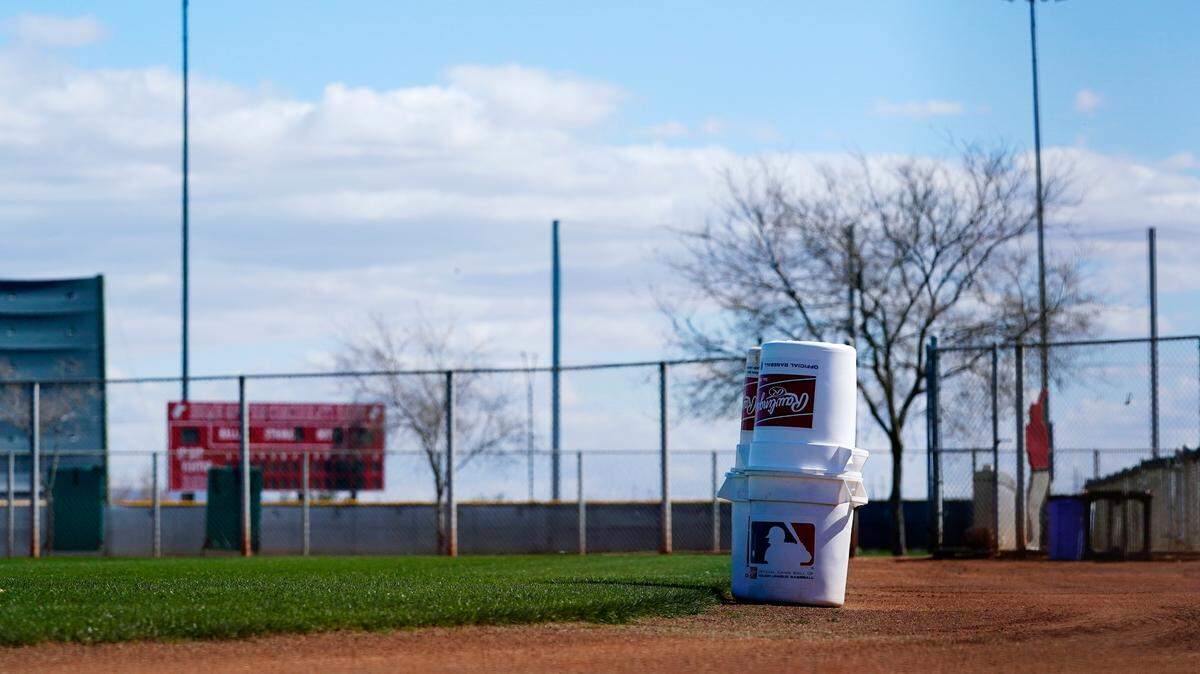A practice field at the Cincinnati Reds spring training complex in Goodyear, Arizona sits empty as pitchers and catchers didn’t start spring training workouts as scheduled. The first week of exhibition games was canceled by Major League Baseball.