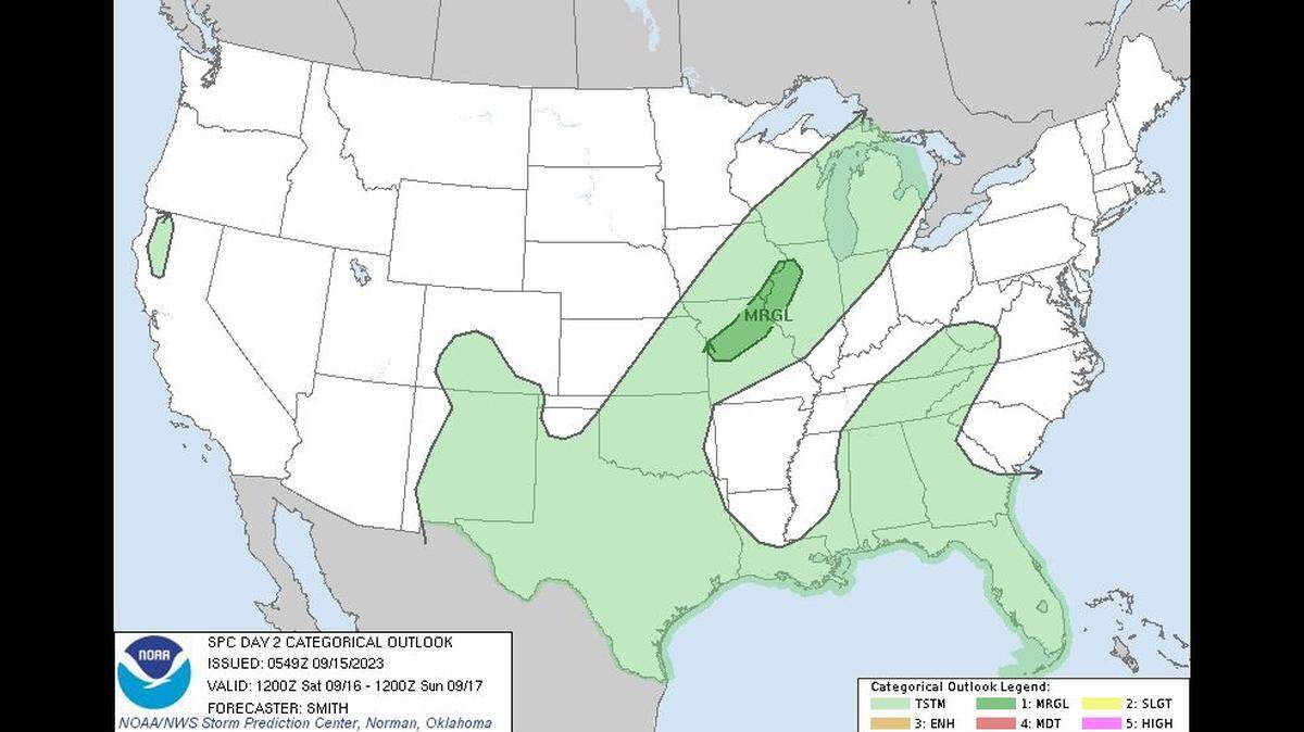 Scattered thunderstorms are possible Saturday afternoon. While widespread severe weather is unlikely, a few storms could be strong, according to the National Weather Service’s Storm Prediction Center. The stronger storms are more likely to develop east of the Kansas City area in central Missouri, although cities like Blue Springs in eastern part of the metro are at a marginal risk of thunderstorms.